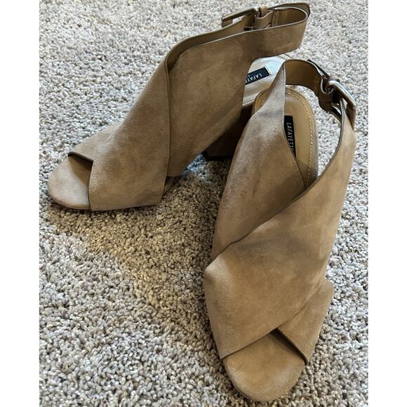 Lafayette 148 Covell Sandals Sz 6.5 Neutral Beige Suede Leather Slingback Heels - Picture 4 of 13